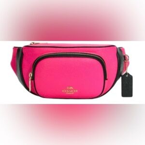 Coach Court Belt Bag NEON PINK Black Colorblock Fanny Pack Sport Gold C6077